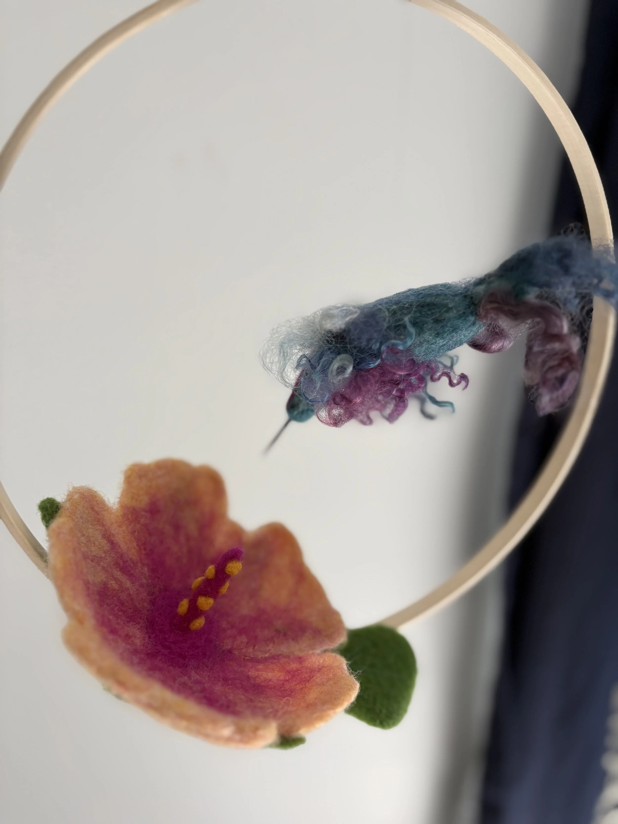 Needle Felted Hummingbird and Hibiscus Hanging Art