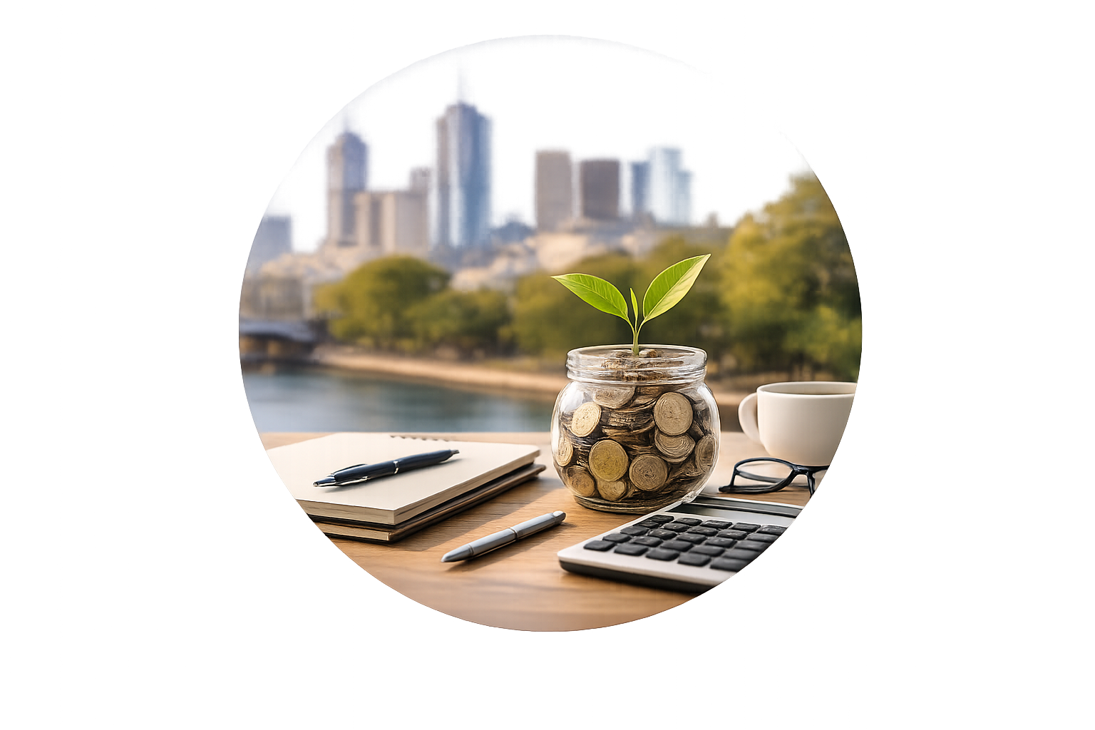 A workspace with a glass jar filled with coins and a small green plant growing from it, a notebook with a pen on top, a calculator, a cup of coffee, and a pair of glasses, with a scenic cityscape and river in the background.