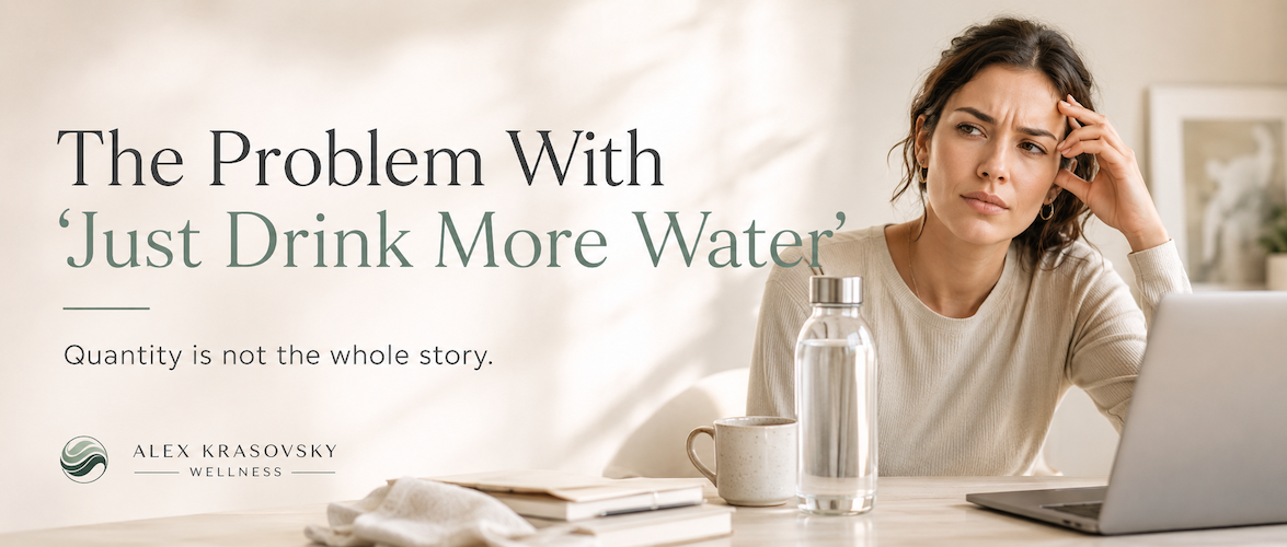 Woman at desk with water bottle and coffee showing why just drinking more water is not always enough for better hydration and energy