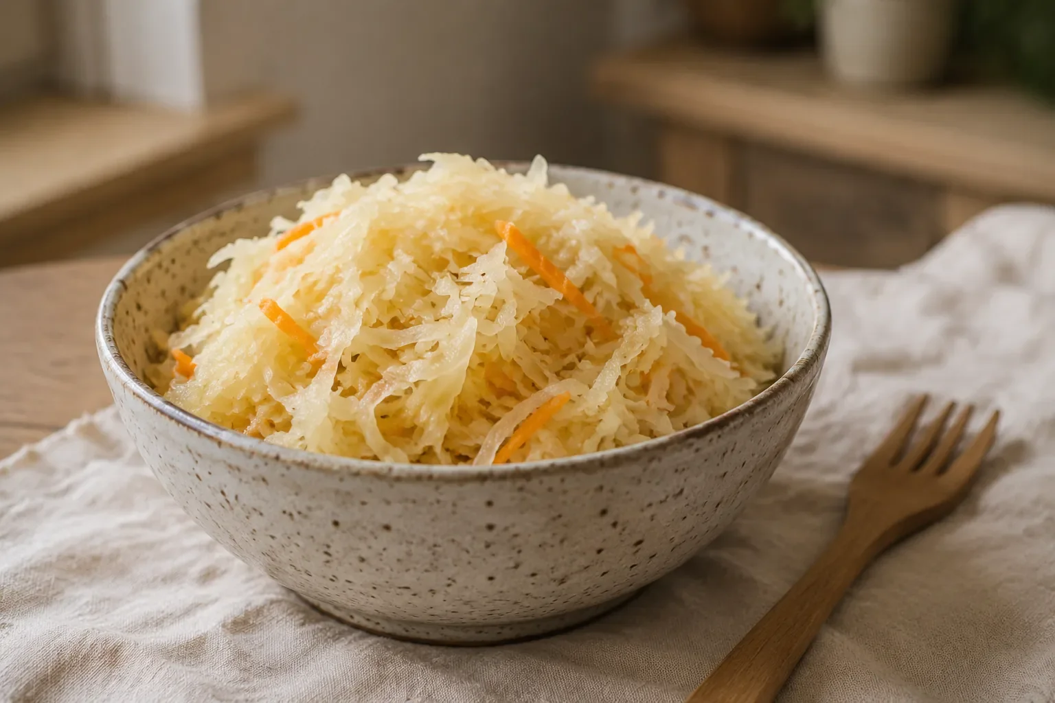 Alex Krasovsky Wellness: homemade sauerkraut in a ceramic bowl on a linen cloth