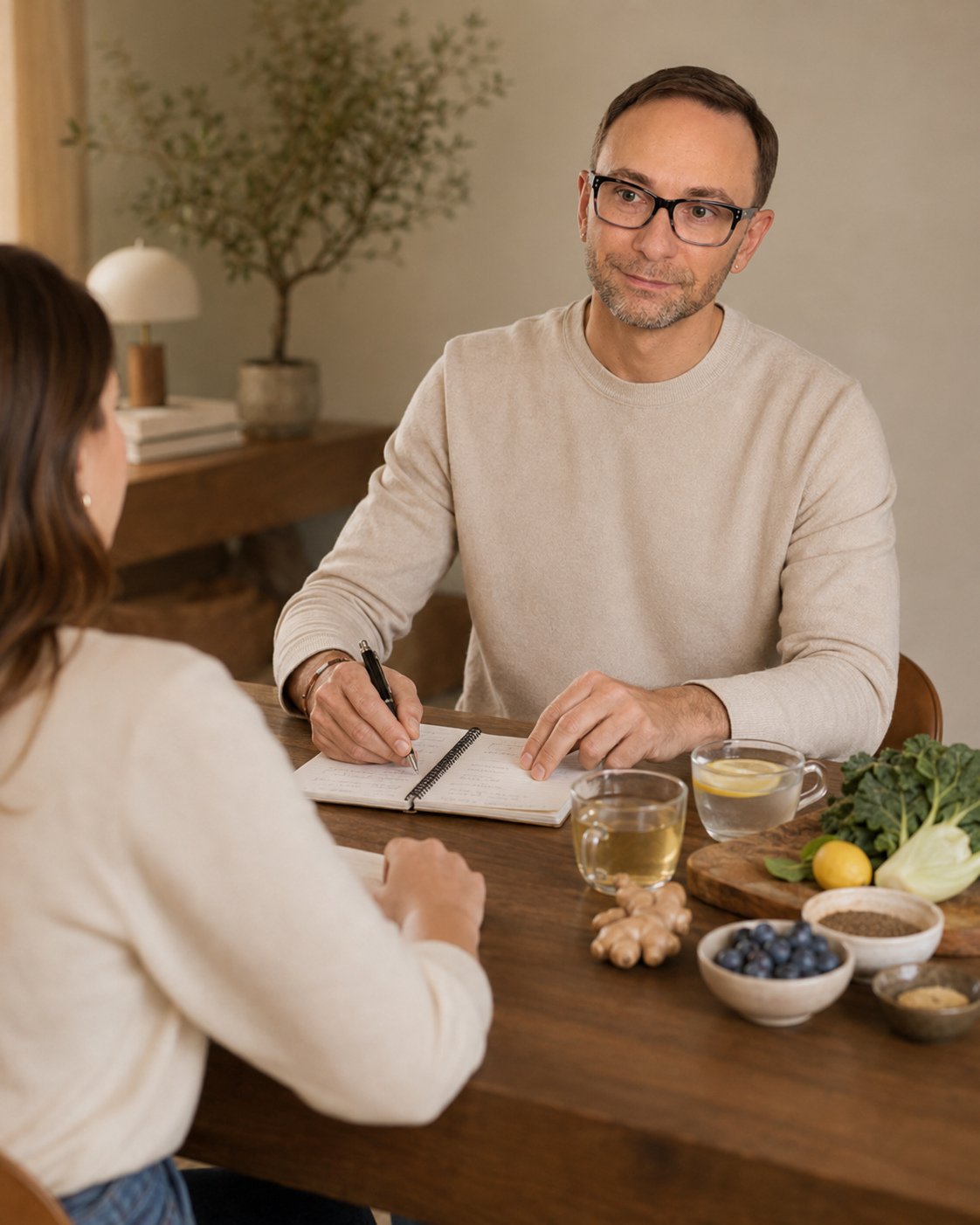 Alex Krasovsky Health Coach and a woman sitting at a wooden table indoors. The man is writing in a notepad, wearing glasses and a beige sweater.