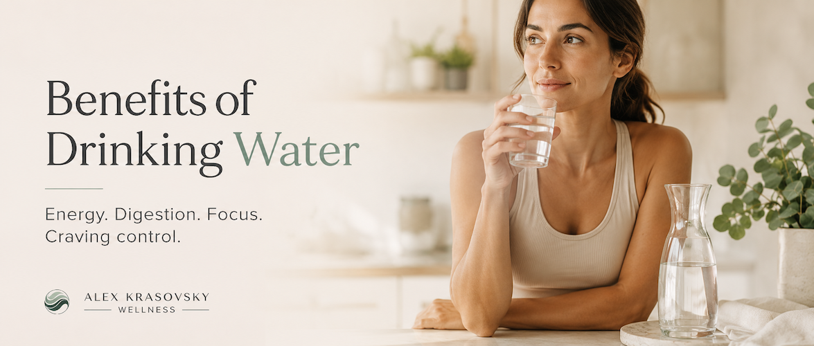 Woman drinking water in a bright wellness kitchen showing benefits of drinking water for energy, digestion, focus, and craving control