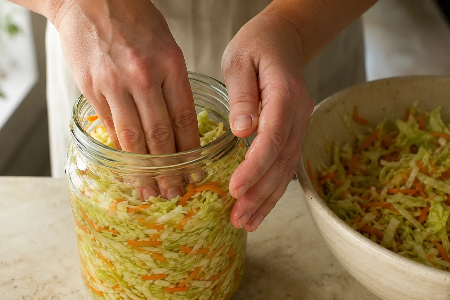 Alex Krasovsky Wellness: packing cabbage and carrots into a clean glass fermentation jar