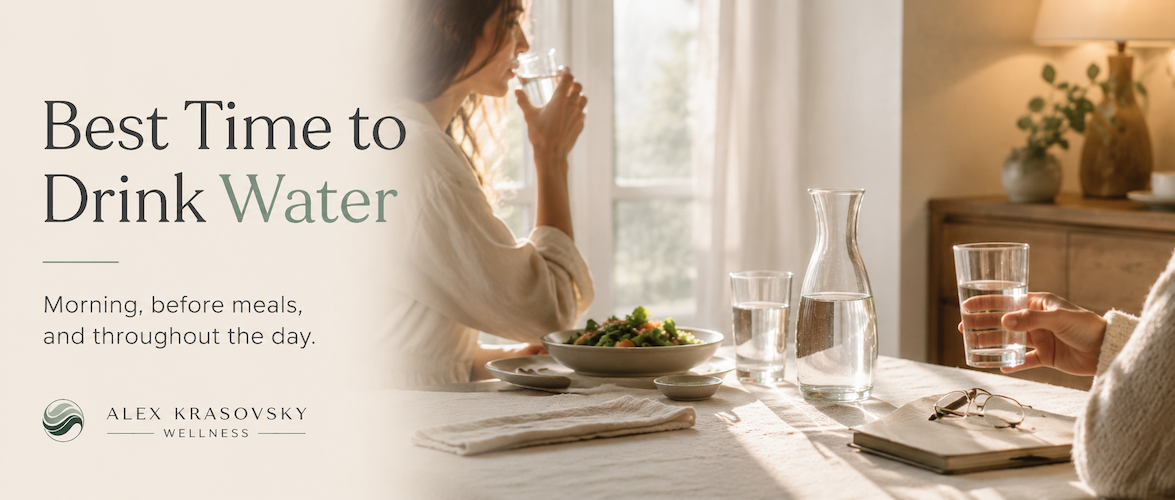 Woman drinking water near a healthy meal showing the best time to drink water in the morning, before meals, and throughout the day