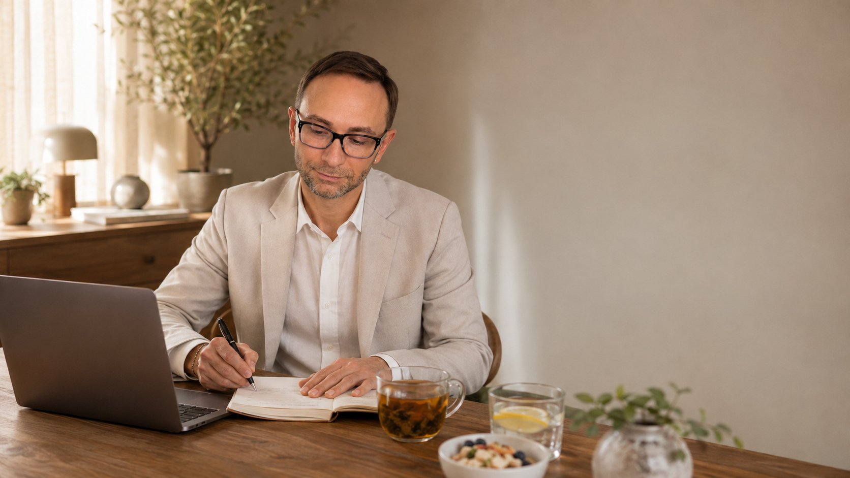 Alex Krasovsky Health Coach in a beige blazer and white shirt sitting at a wooden table, writing in a notebook with a pen, with a laptop, two glasses of tea with lemon, and bowls of cereal and berries on the table.