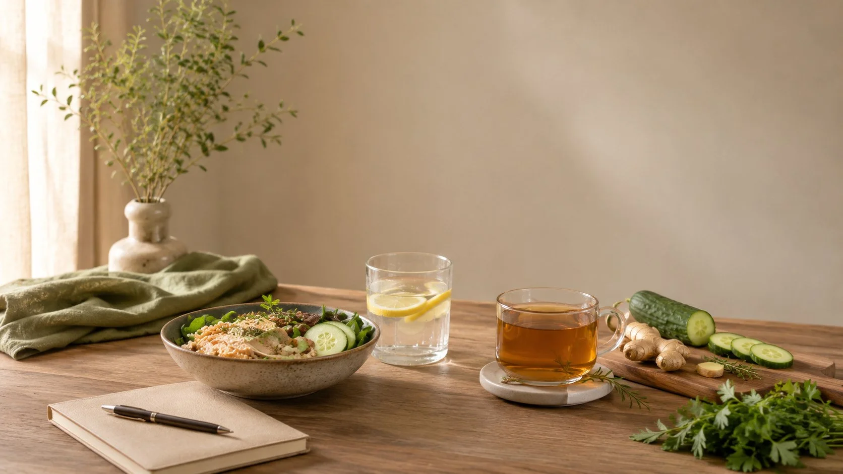 A wooden dining table set with a bowl of salad, a glass of water with lemon, a cup of tea, fresh cucumber, ginger, and herbs, with a notebook and pen.