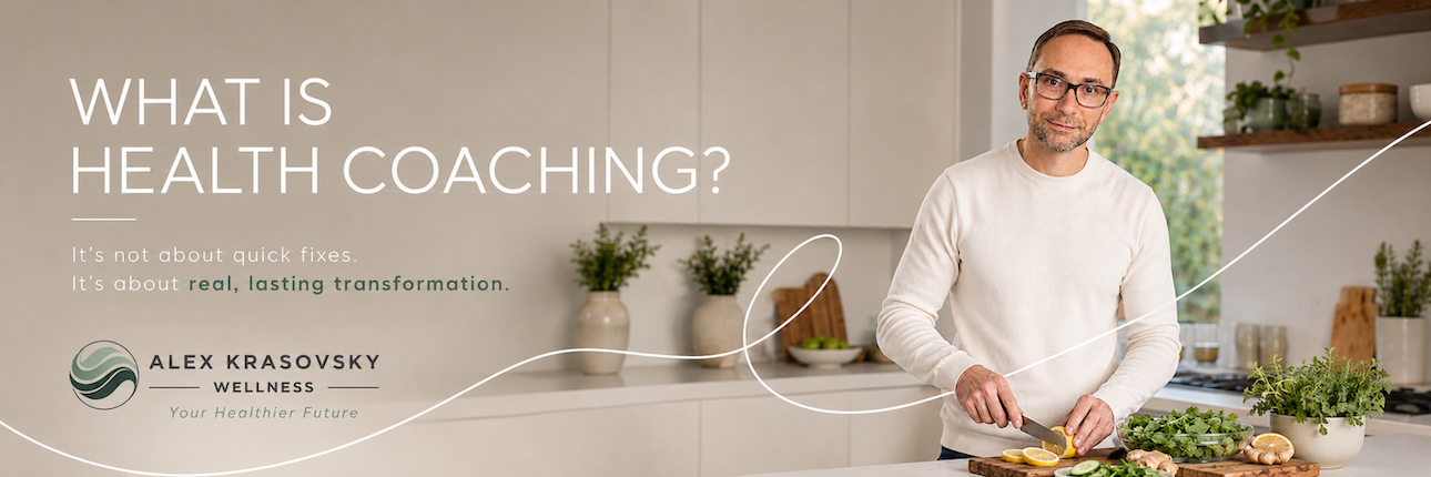 Alex Krasovsky preparing fresh food in a modern kitchen for health coaching, digestion support, energy, and lifestyle change.