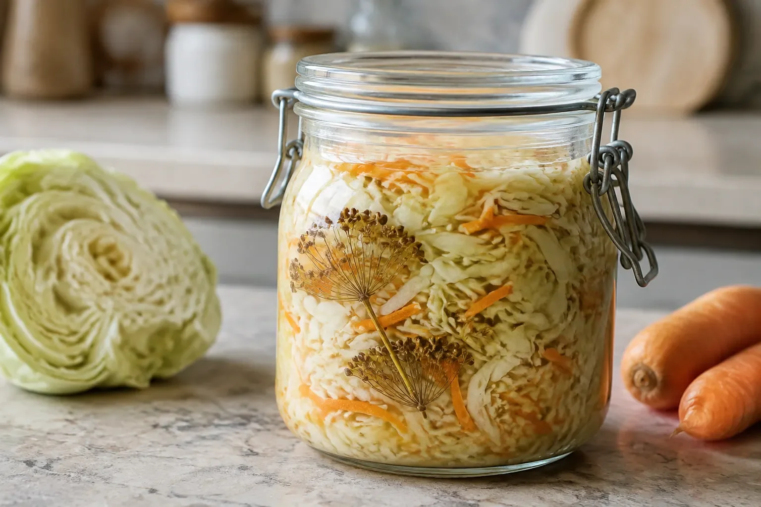 Alex Krasovsky Wellness: homemade sauerkraut with cabbage, carrots, and dried dill in a glass jar