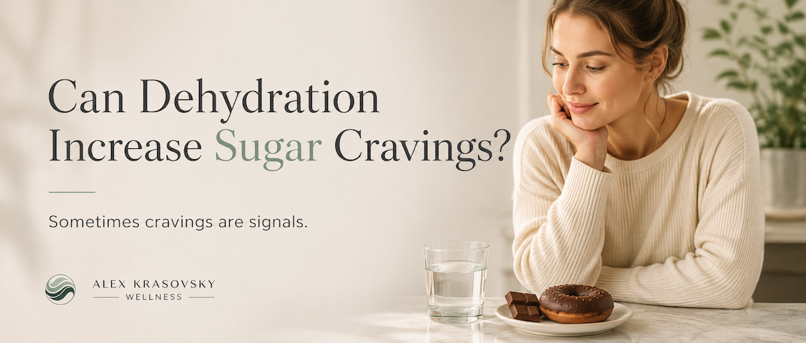 Woman looking at chocolate dessert and glass of water illustrating how dehydration may increase sugar cravings after meals