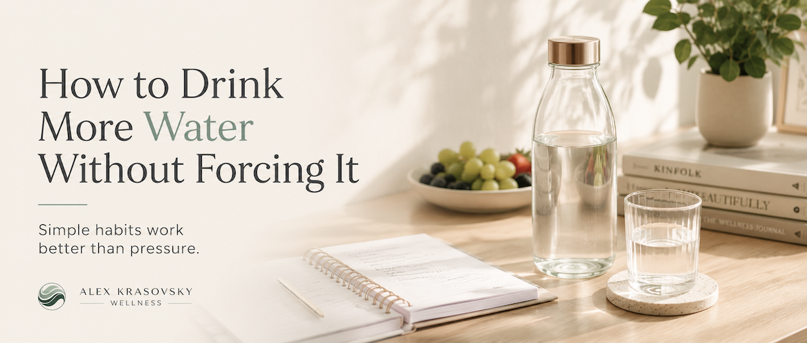 Water bottle, glass, fruit, and wellness journal showing simple habits for how to drink more water without forcing it