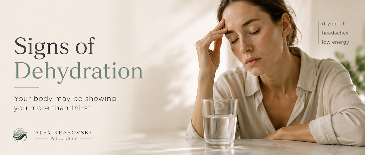Tired woman with glass of water showing signs of dehydration including dry mouth, headaches, low energy, and fatigue