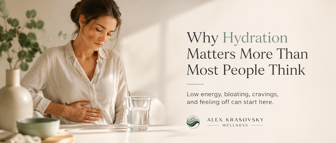 Woman with bloating discomfort sitting near a glass of water in a calm wellness setting explaining why hydration matters for digestion and cravings