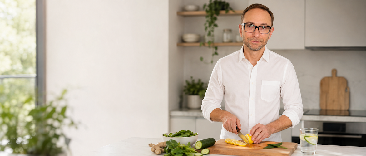 Food-based detox and meal prep with fresh greens, lemon, cucumber, and ginger for a 2-week reset program.
