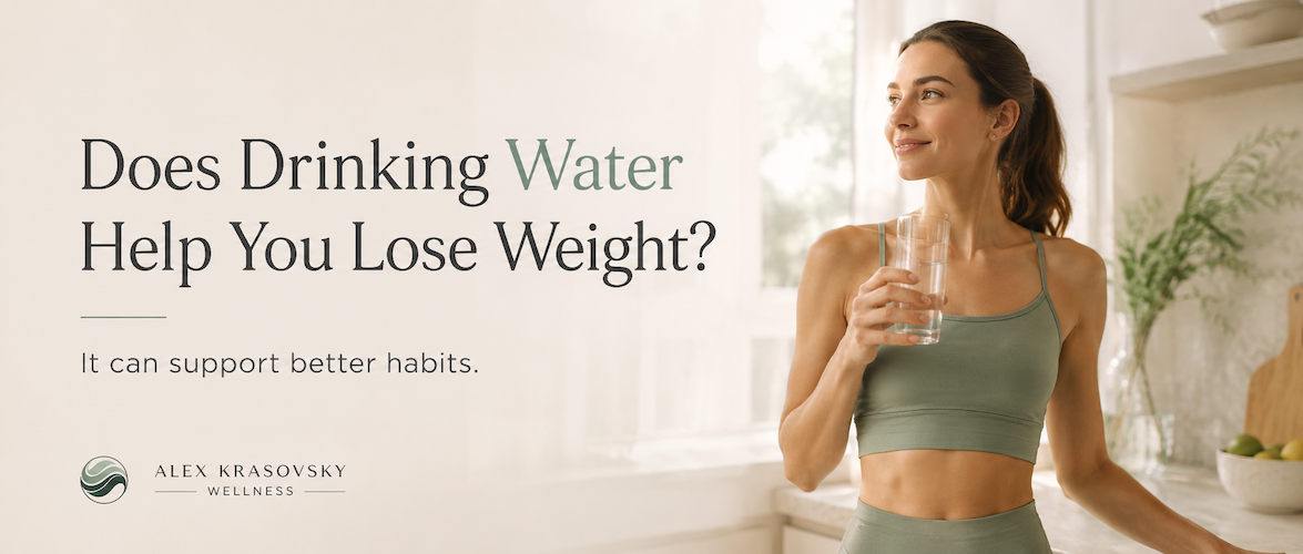 Healthy woman holding a glass of water in a bright kitchen showing how drinking water may support weight loss habits and hydration
