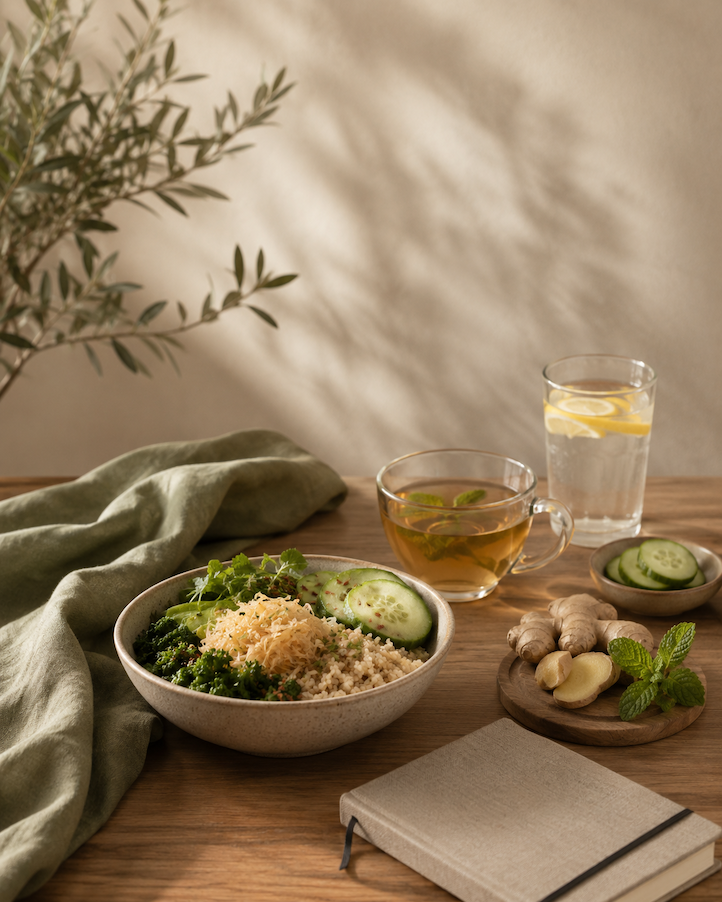 A wooden table with a bowl of salad containing cucumber, broccoli, and grated cheese, a glass of herbal tea, a glass of water with lemon, a small plate with cucumber slices and ginger, fresh mint, a closed notebook, and a green cloth napkin, with a leafy plant and soft shadows in the background.