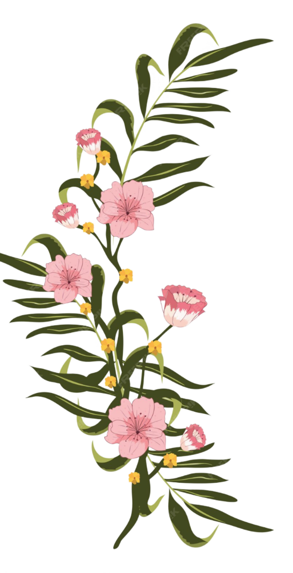 A floral illustration featuring pink, yellow, and white flowers with green leaves arranged in a vertical pattern.
