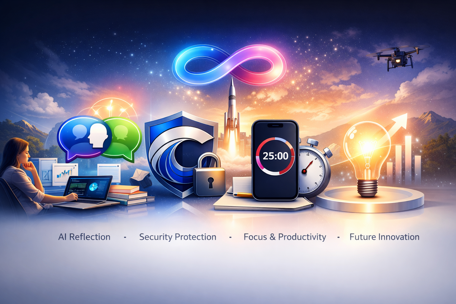Alt text: A minimal, modern cluster image representing Creator Operating Solutions, featuring icons for AI reflection, security protection, productivity tools, and future innovation arranged on a clean white surface.