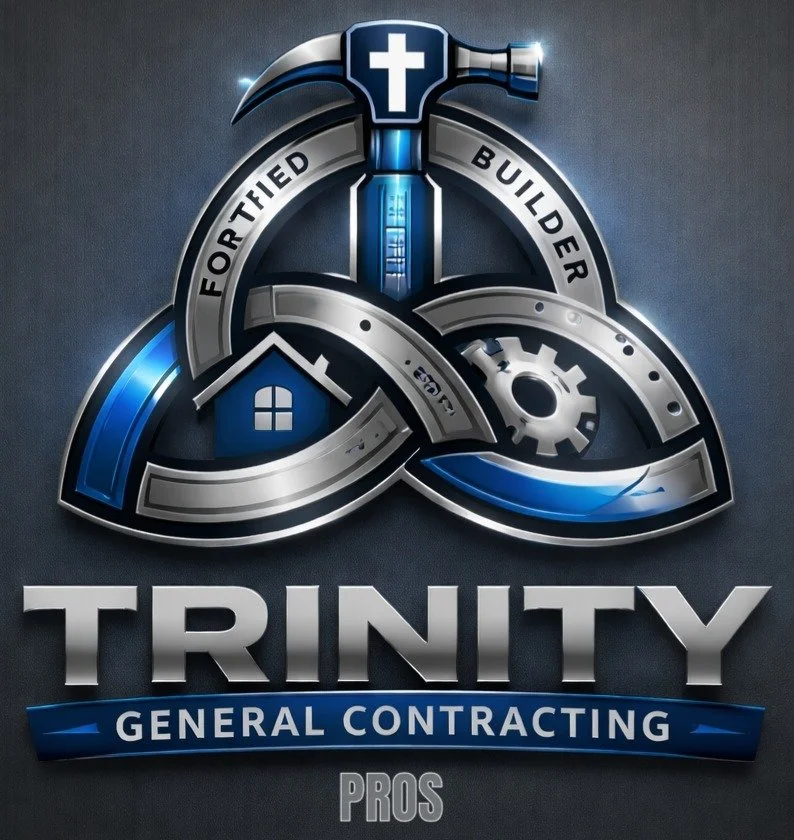 A logo for Trinity General Contracting featuring a hammer with a cross, a house, a gear, and construction tools, with the words "Fortified Builder" and "Pros".