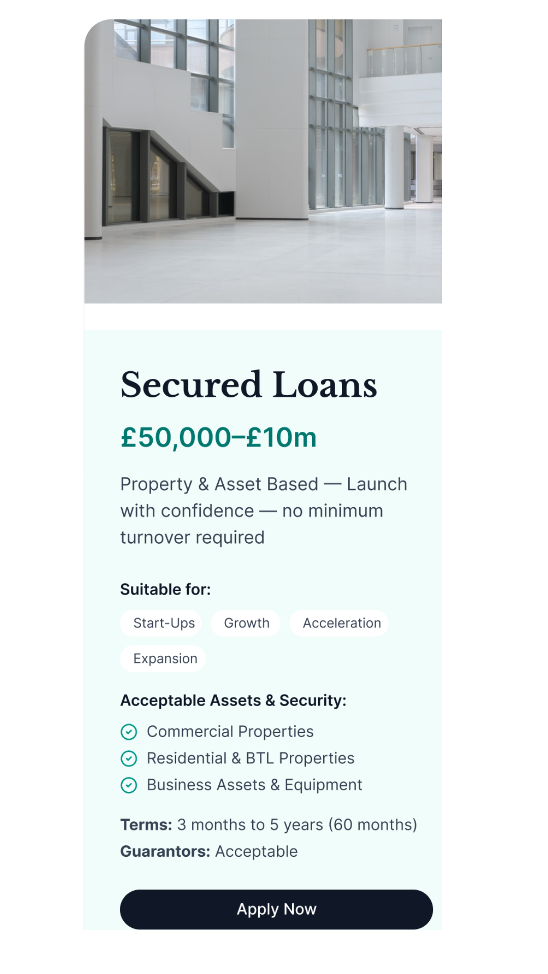 Digital advertisement for secured loans featuring a modern building interior with large windows and white walls.