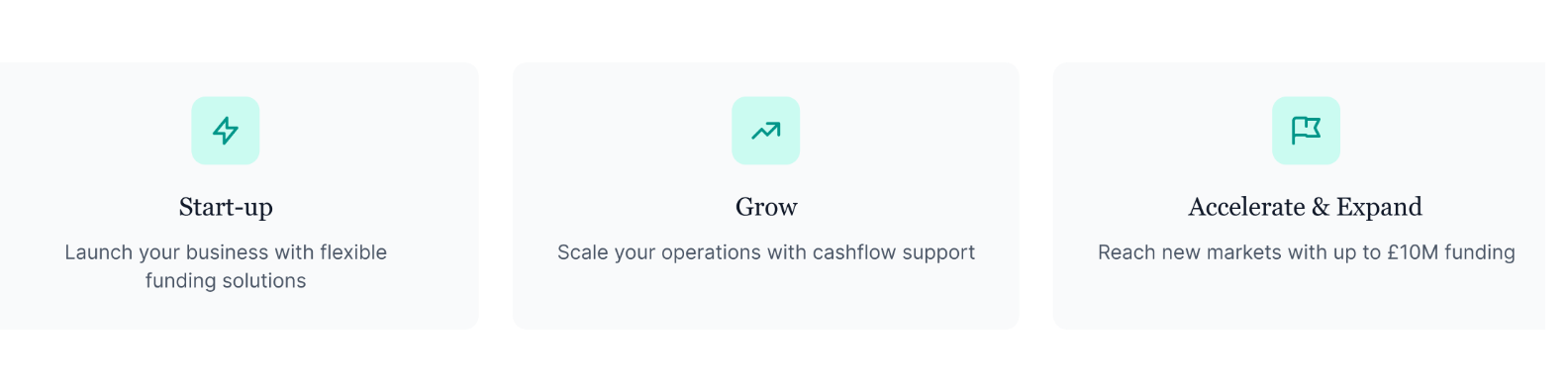 Three steps for business growth: Start-up with flexible funding, Grow with cashflow support, Accelerate & Expand into new markets with up to £10M funding.