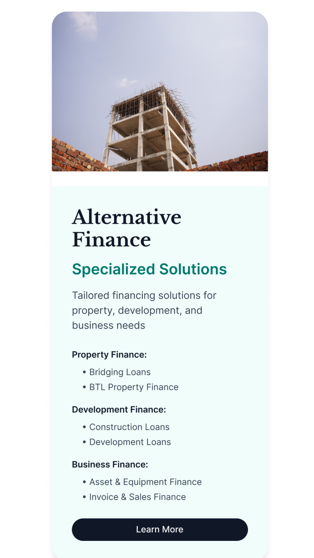 Mobile phone screen displaying an advertisement for Alternative Finance, with a background image of a building under construction and text describing specialized financing solutions for property, development, and business needs.