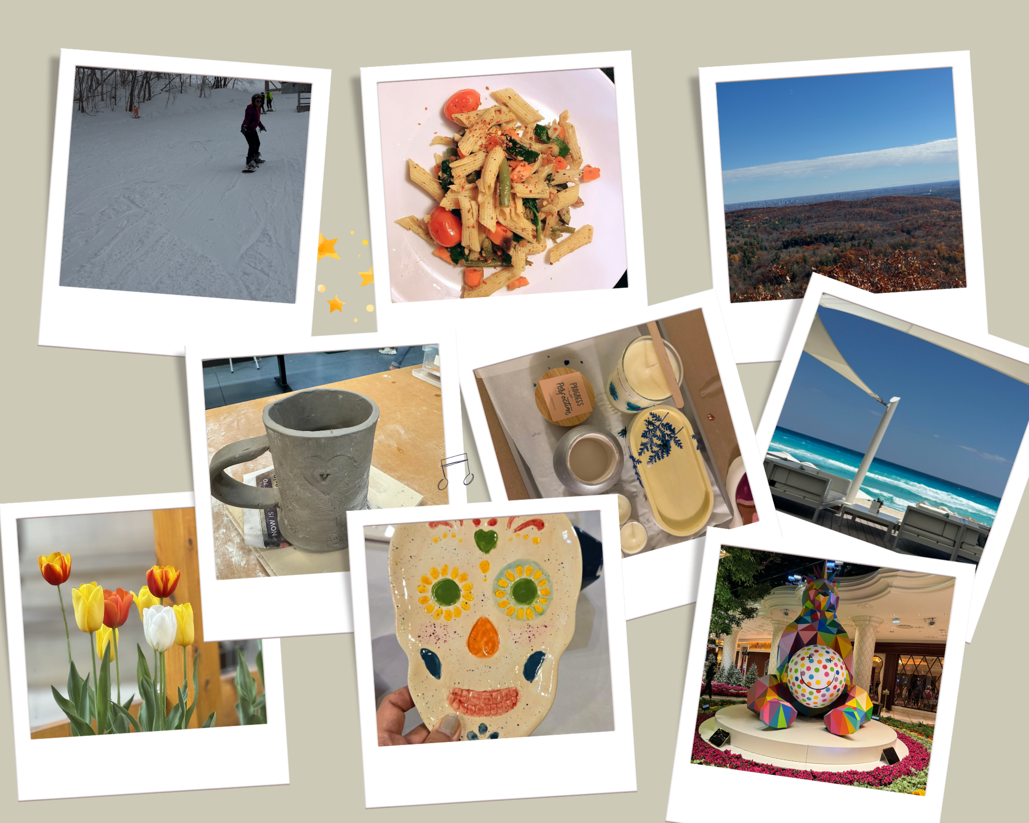 Collage of photos: skiing, food, travel, and hobbies.