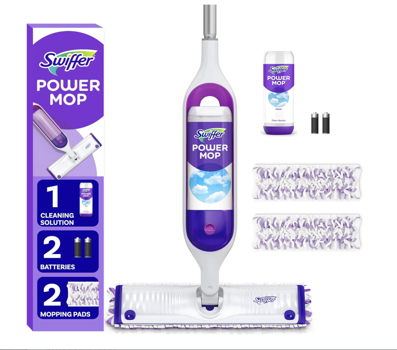 Swiffer Power Mop cleaning kit including a Swiffer Power Mop device, two batteries, two mopping pads, a bottle of cleaning solution, a refill bottle, and two batteries for replacing in the device.