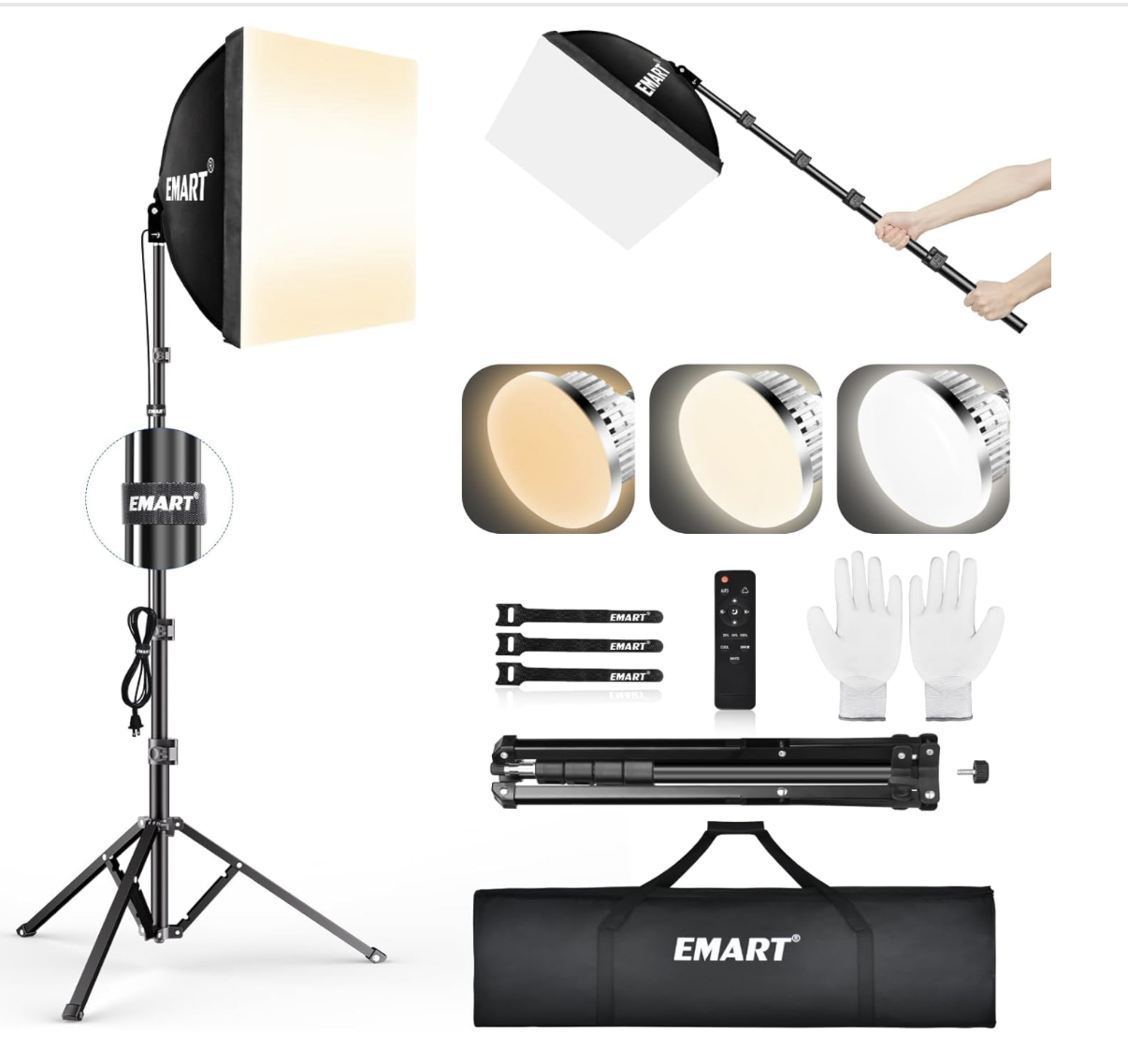 Photography lighting kit with softbox, LED lights, remote, gloves, and carrying case.