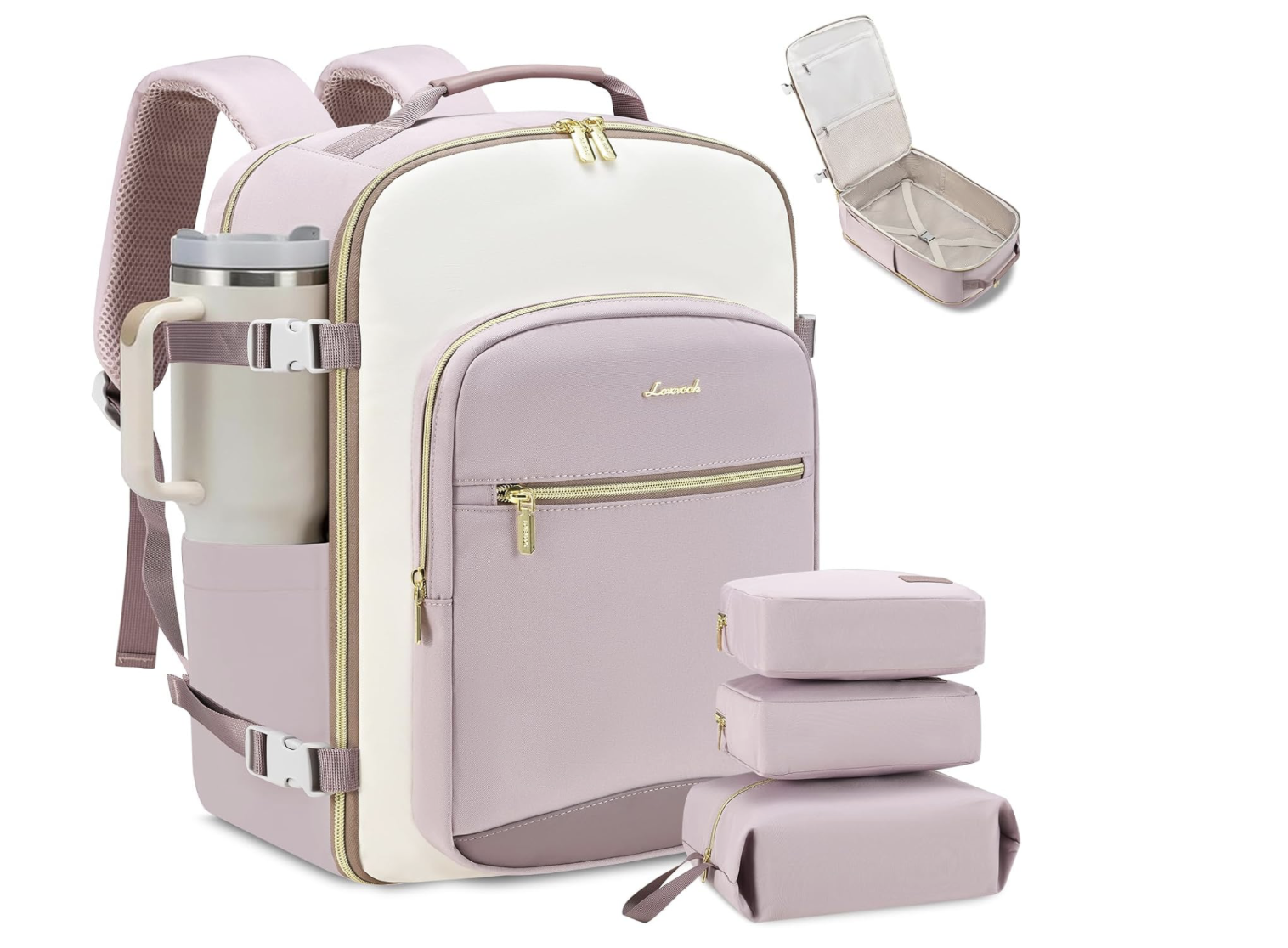 A pink and white travel backpack with multiple storage compartments, packing cubes, and a water bottle holder, all set against a plain white background.