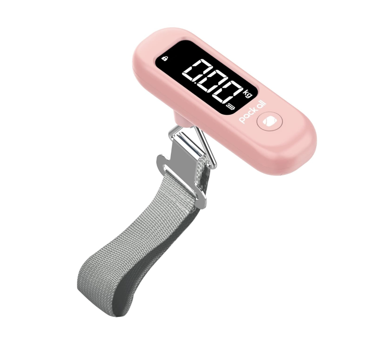 A pink digital luggage scale with a strap and a display showing 0.00 kilograms.