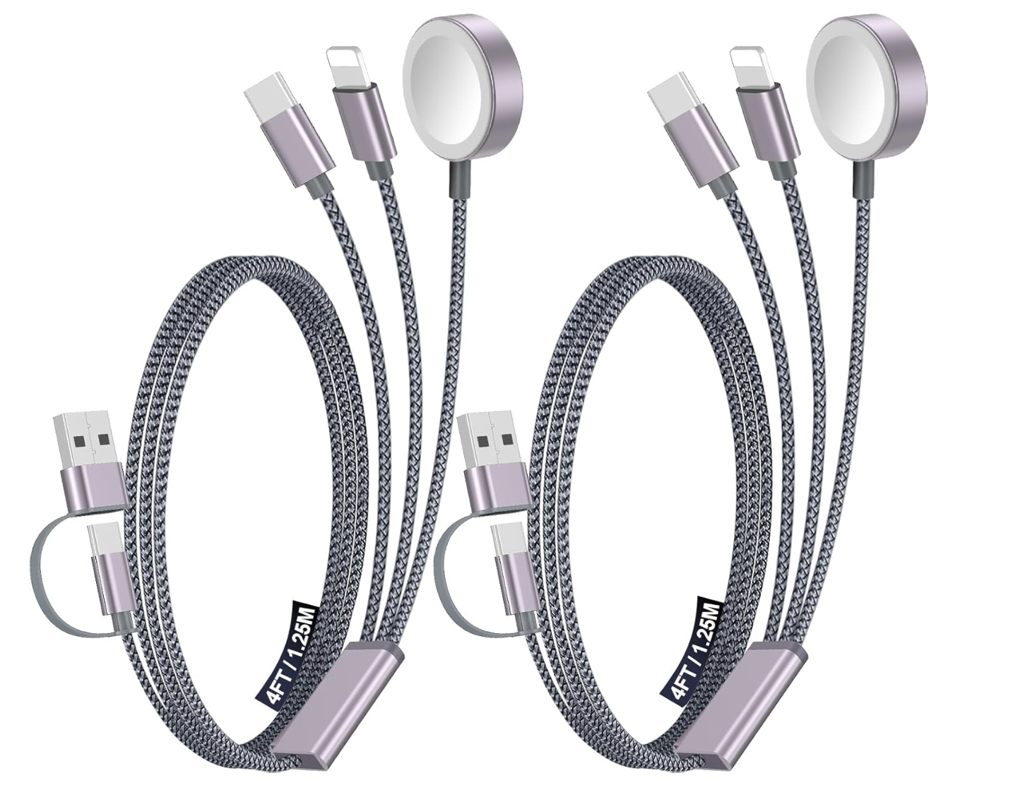 Two sets of braided USB charging cables with lightning and USB-C connectors, and small magnetic adapters, on a white background.