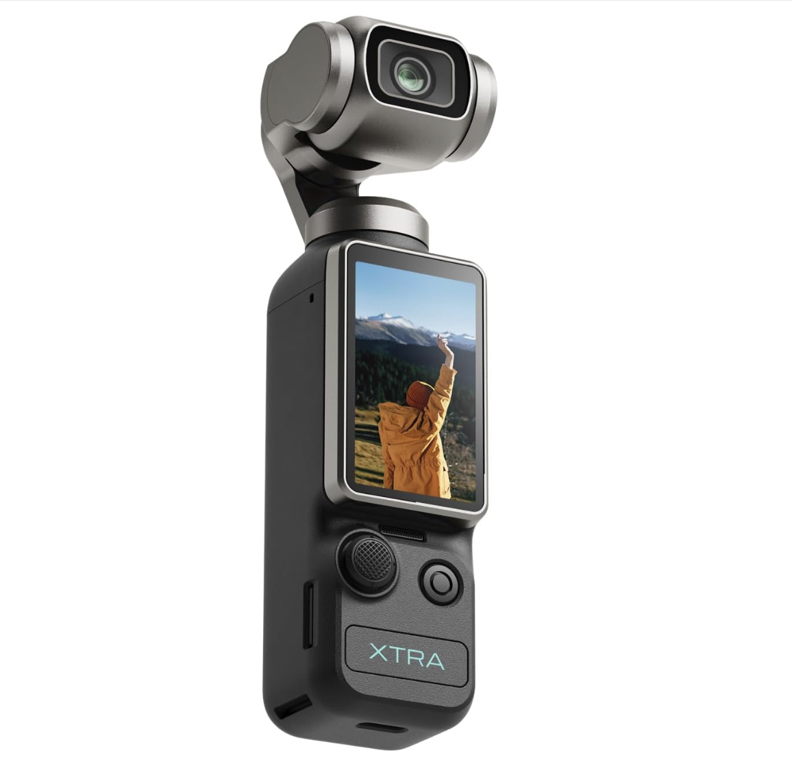 Portable camera with a smartphone screen attached, showing a photo of a person in an orange jacket holding their arm up outdoors with mountains in the background.