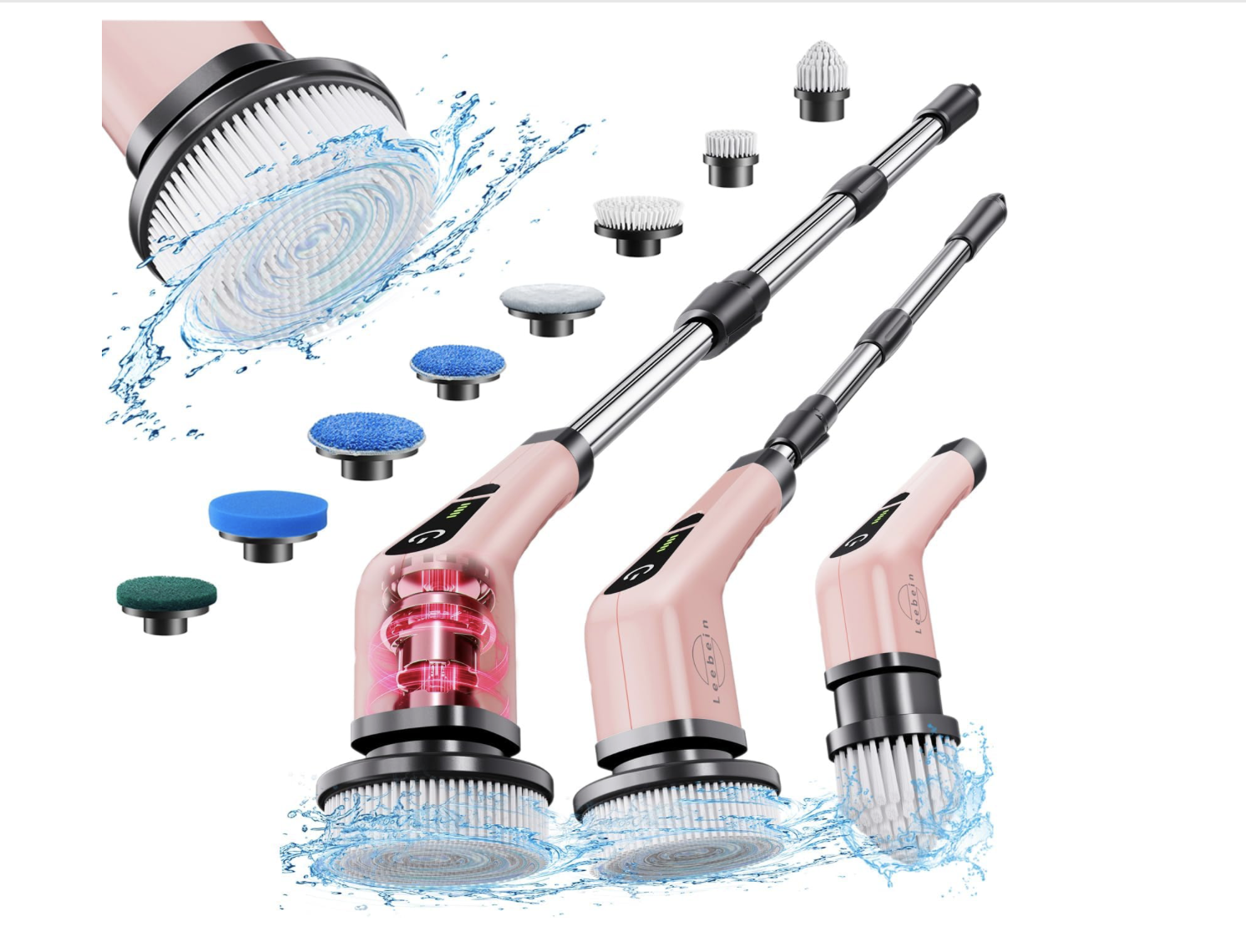 Set of electric cleaning brushes with various attachments and scrub pads, shown with water splashes.