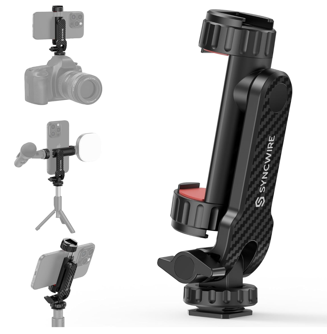 Close-up of a black and red SynCwire phone mount with carbon fiber texture, adjustable grip, and mounting base.