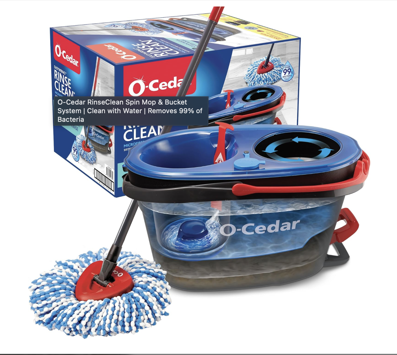 O-Cedar RinseClean Spin Mop and Bucket system with a mop standing inside the bucket, a box showing the product behind it, featuring the mop and bucket on the packaging.