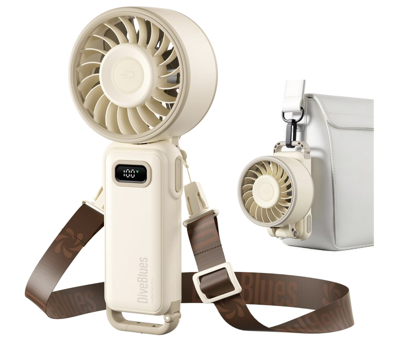 Portable handheld fan with digital display, attached to a lanyard, with a carrying case shown in the background.