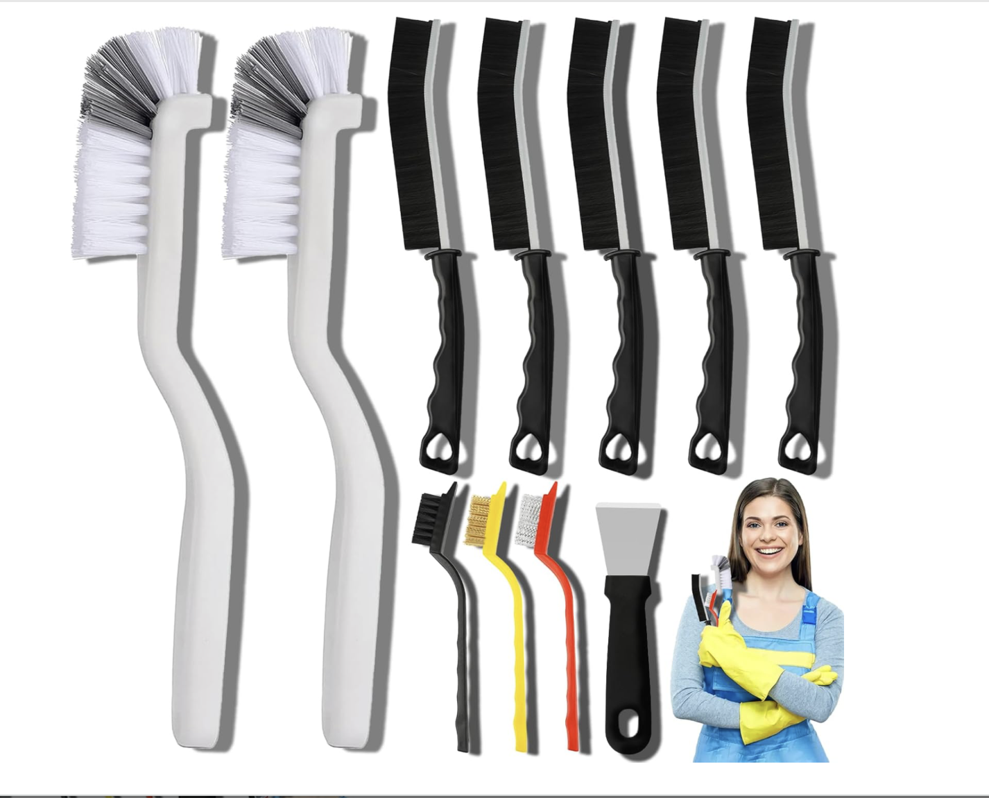 Set of various cleaning brushes and a woman dressed in cleaning gloves and apron holding some of the brushes.