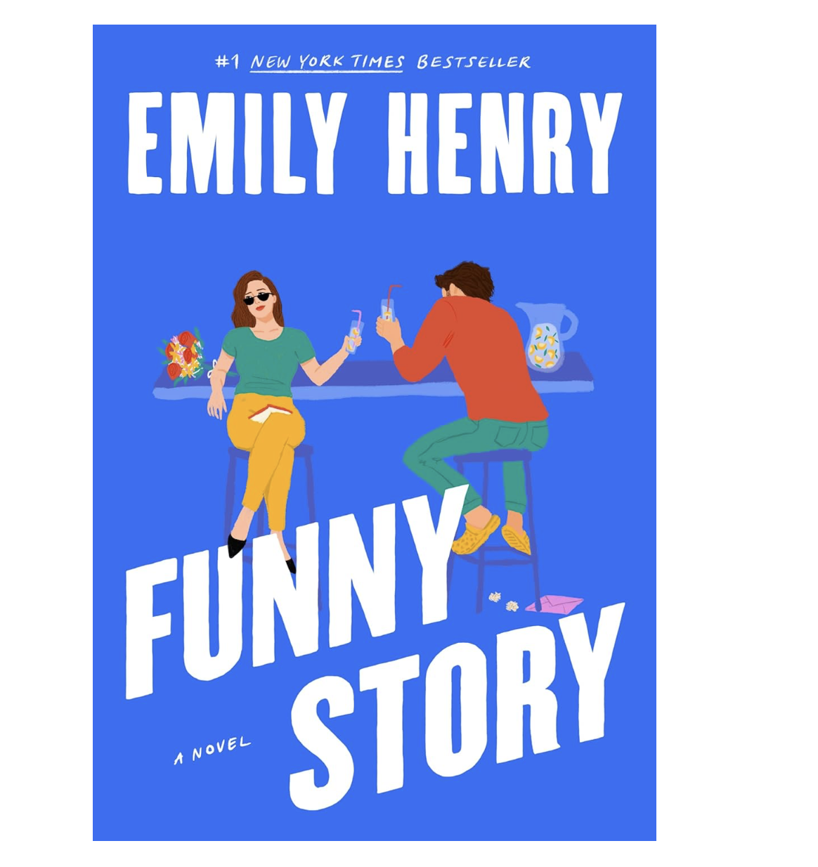 Book cover for "Funny Story" by Emily Henry featuring a colorful illustration of a woman and man sitting at a bar, holding drinks, with a pitcher and flowers on the bar.