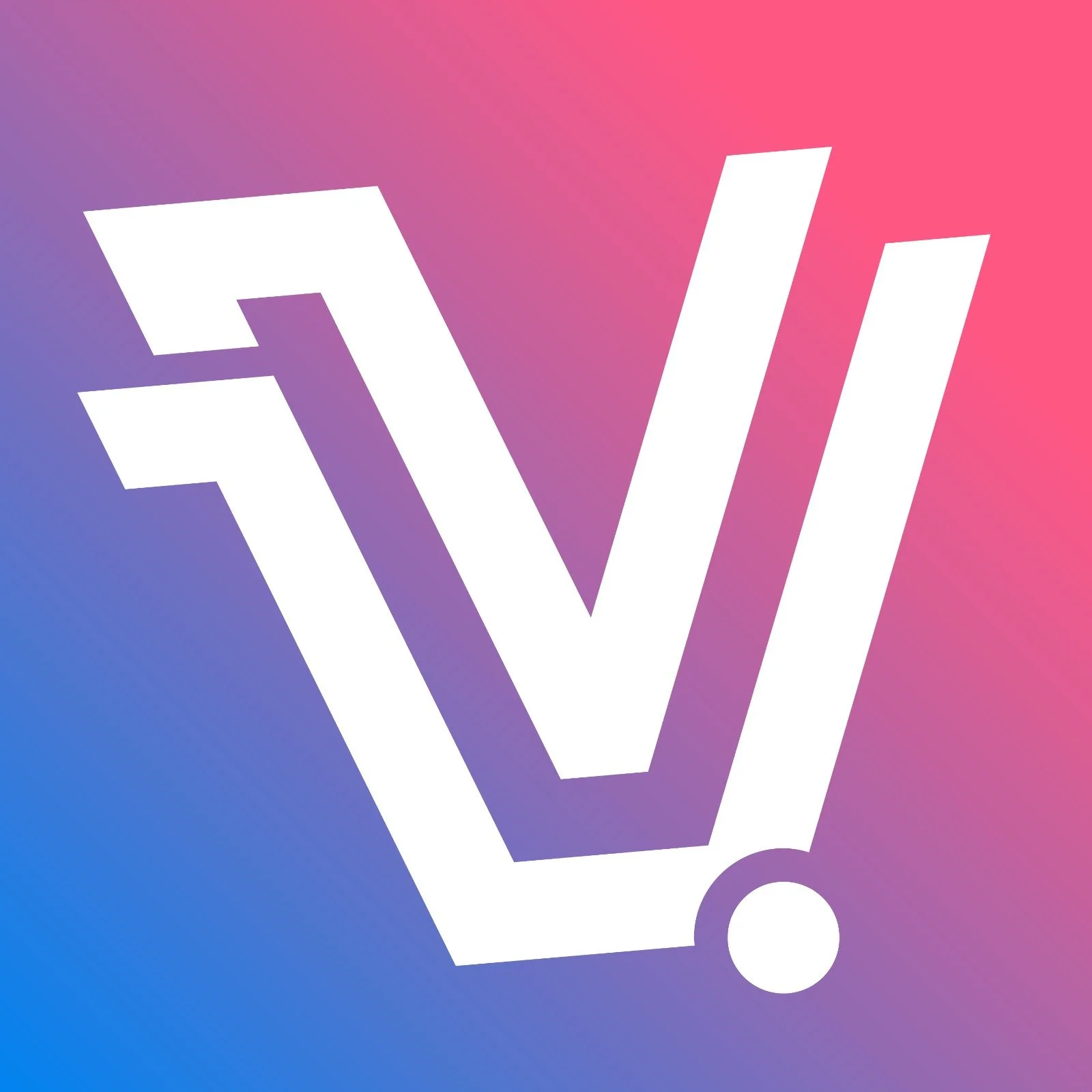 White stylized exclamation mark and V-shaped symbol on a gradient pink and blue background.