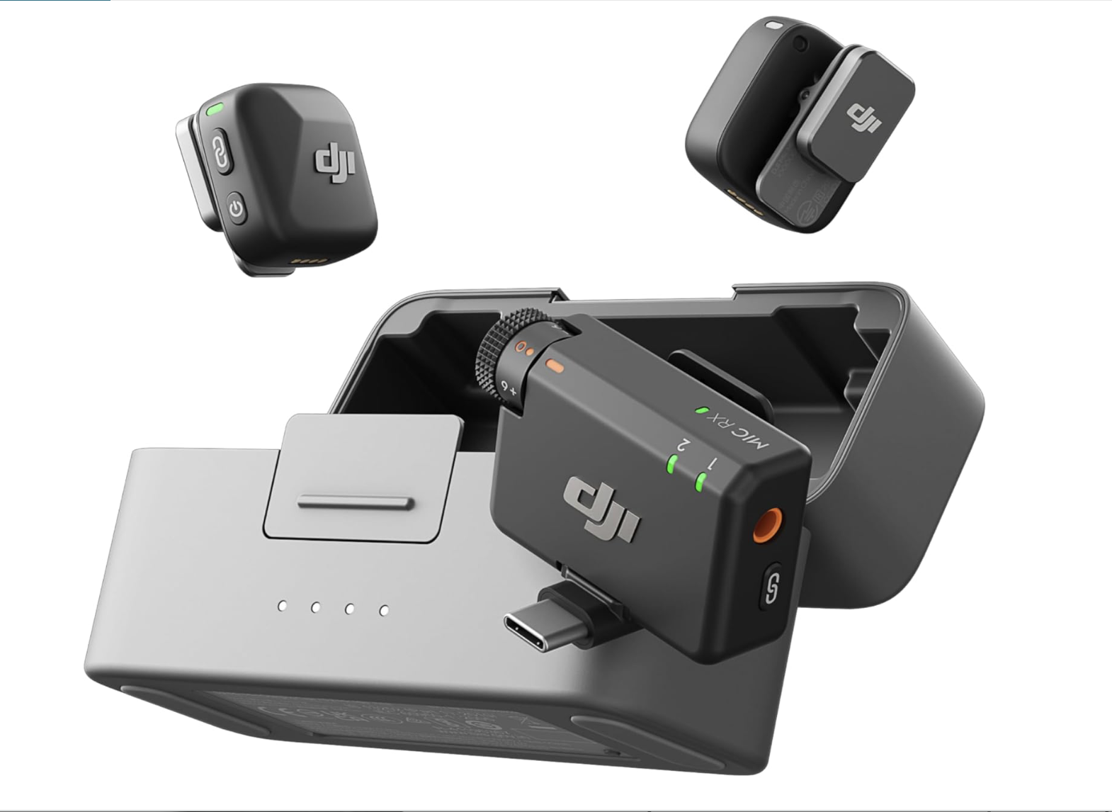Dji drone battery charger with two batteries above it.