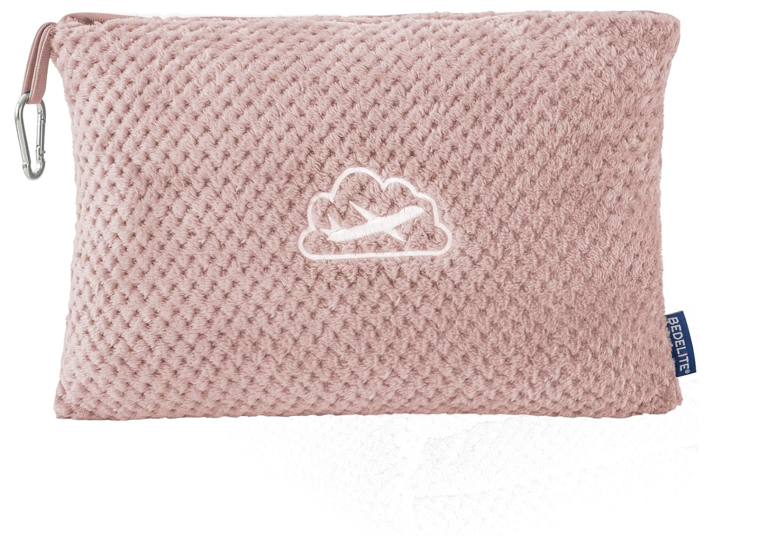 Pink textured pillow with a white embroidered cloud and lightning bolt design and a blue tag on the side.