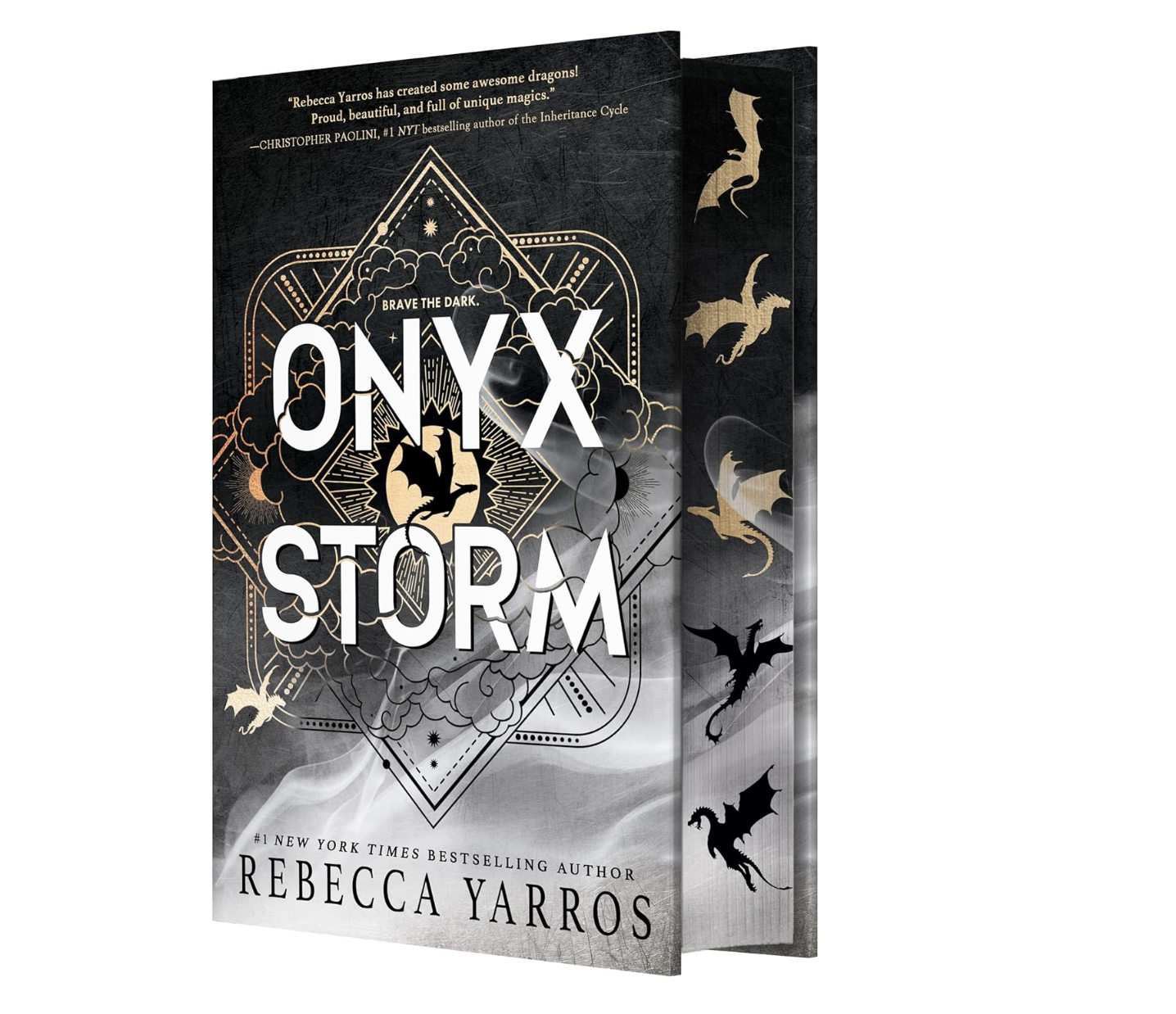 Book cover of 'Onyx Storm' by Rebecca Yarros with black and gold dragon and bat illustrations, and the title in bold white letters.