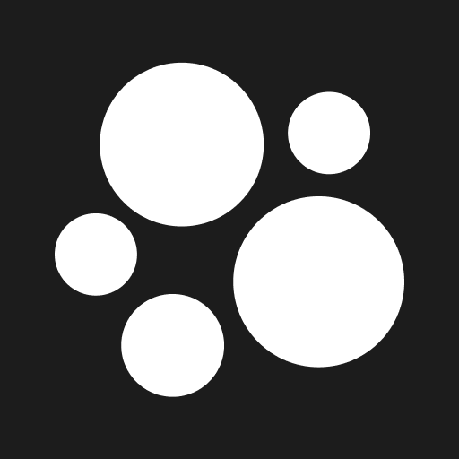 Six white circles of varying sizes on a black background, arranged randomly.