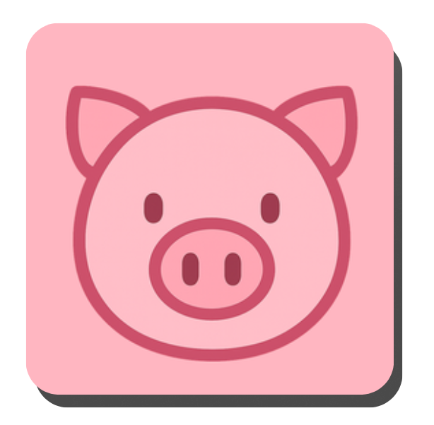 Pink cartoon pig face on a pink background.