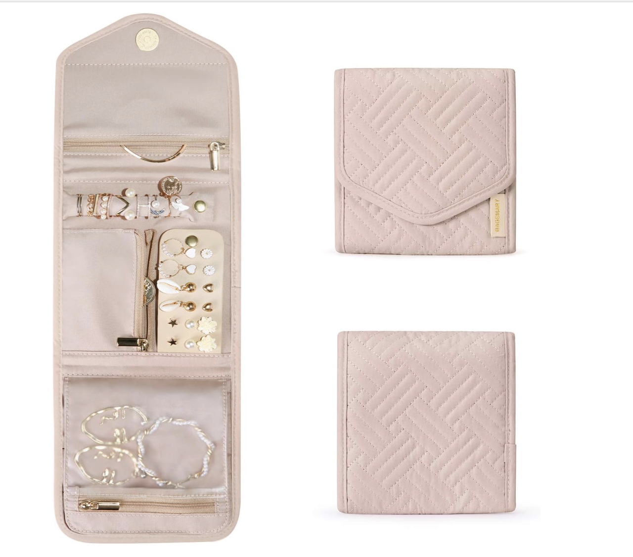 Open pink jewelry case filled with earrings, rings, and other jewelry pieces, alongside two closed pink quilted wallets.