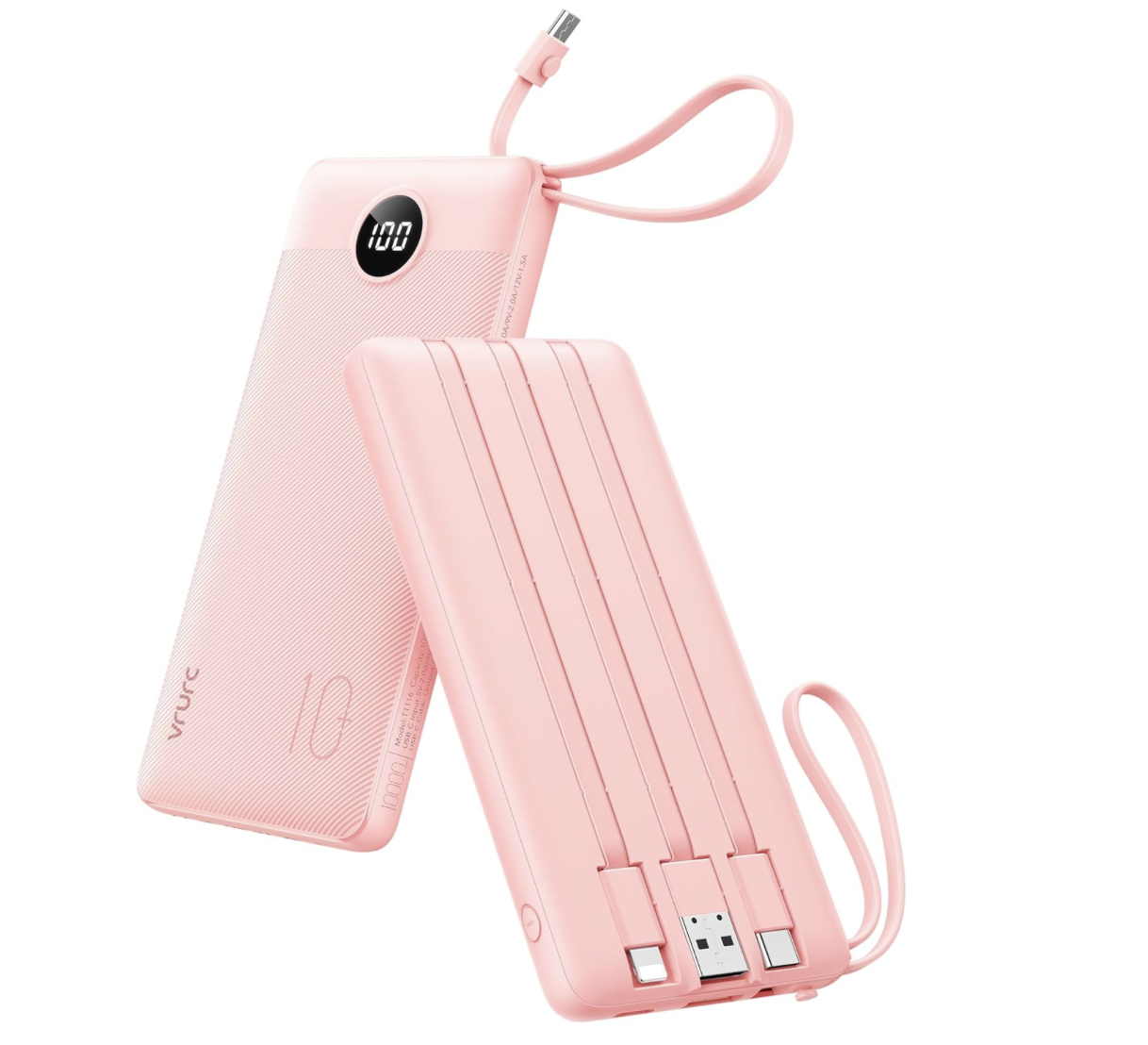 Pink portable power bank with a digital display showing 100, connected to a smaller pink battery pack with a USB cable, on a white background.