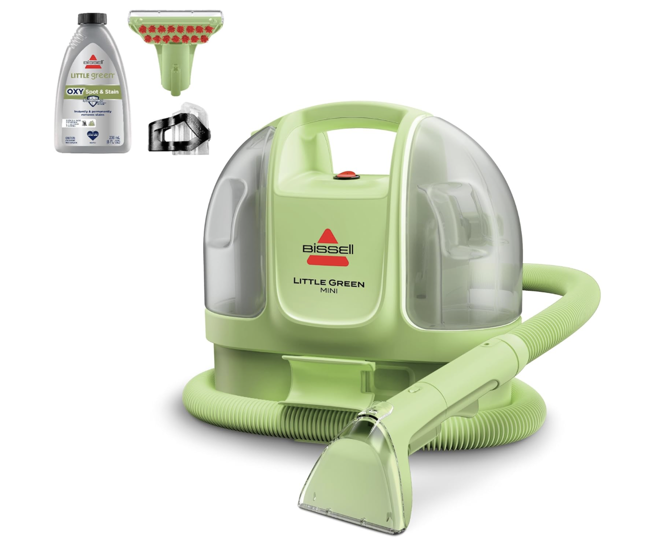 Green Bissell Little Green Mini portable carpet and upholstery cleaner with hose and nozzle, cleaning solution, and accessories.