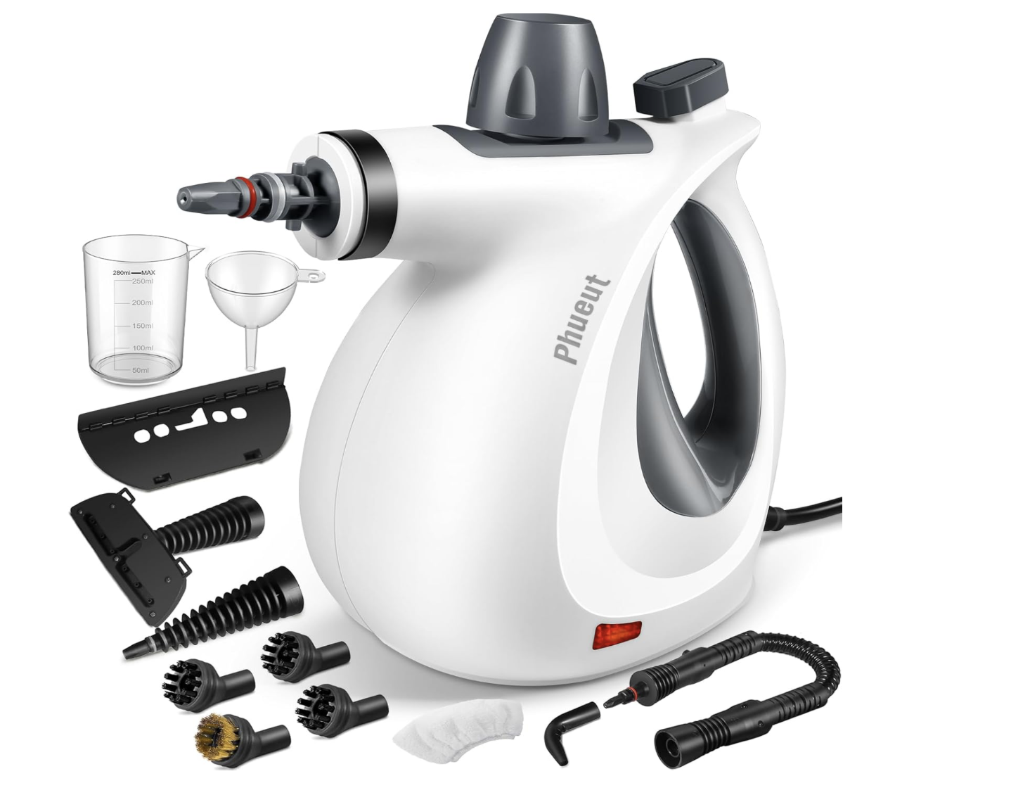 A white Phweaut steam cleaner with various attachments, including brushes, a measuring cup, and a cloth.