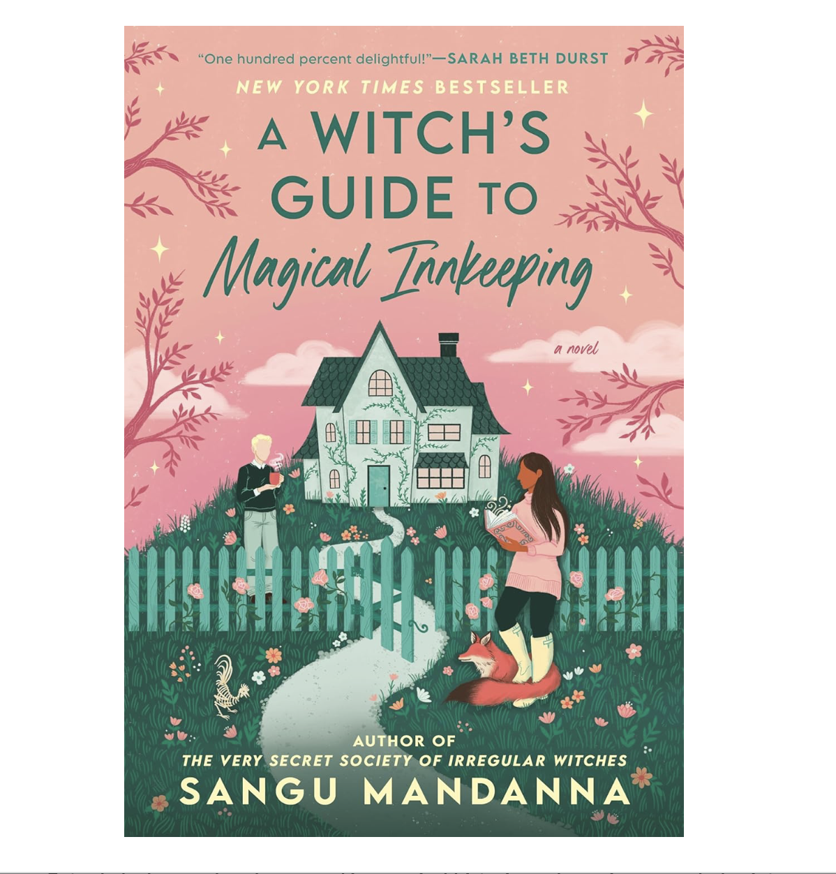 Illustrated book cover titled "A Witch's Guide to Magical Inking" featuring a woman with long dark hair reading a book standing on a fox, a man holding a cup in front of a whimsical house with vines, a picket fence, pink sky with clouds, and pink trees with stars, flowers, and a skeleton cat in the grass.