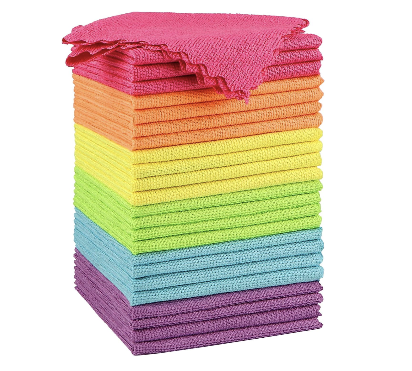Stack of colorful microfiber dishcloths arranged by color from pink on top to purple on the bottom.